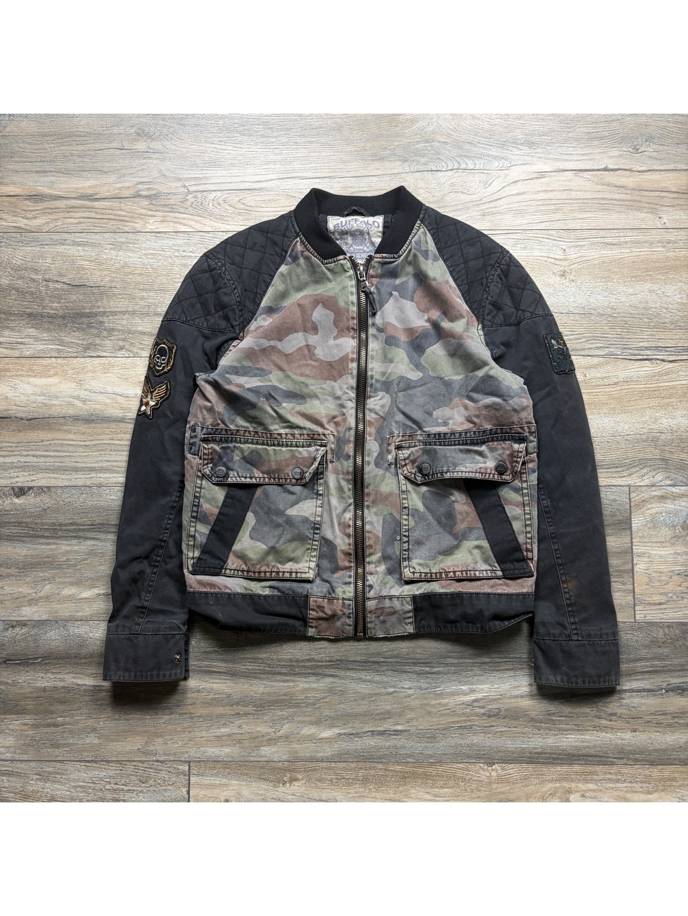Buffalo David Bitton Men's Camouflage Bomber Jacket with Patches, Size Small